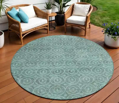 8' Teal Blue Round Geometric Washable Indoor Outdoor Area Rug