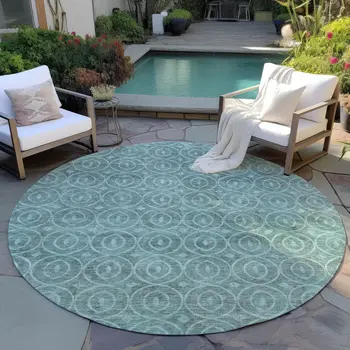 8' Teal Blue Round Geometric Washable Indoor Outdoor Area Rug