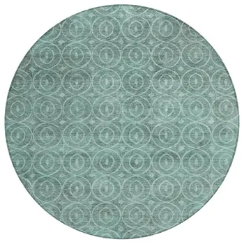 8' Teal Blue Round Geometric Washable Indoor Outdoor Area Rug