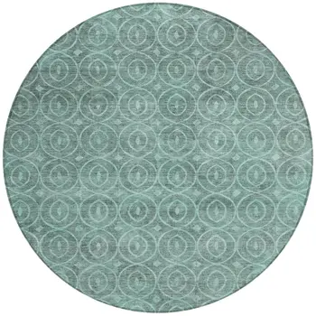8' Teal Blue Round Geometric Washable Indoor Outdoor Area Rug