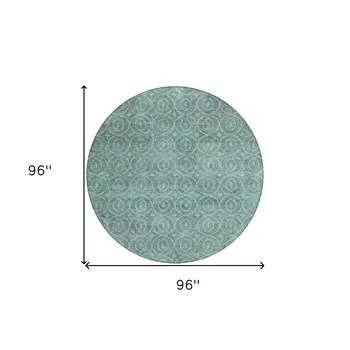 8' Teal Blue Round Geometric Washable Indoor Outdoor Area Rug