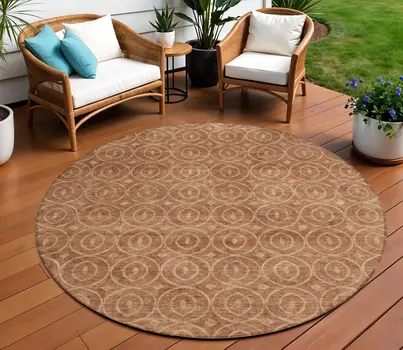 8' Terra Cotta Round Geometric Washable Indoor Outdoor Area Rug