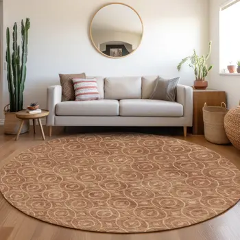 8' Terra Cotta Round Geometric Washable Indoor Outdoor Area Rug