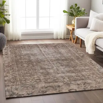 5' X 8' Brown Oriental Washable Indoor Outdoor Area Rug