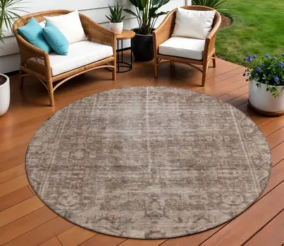 8' Brown Round Oriental Washable Indoor Outdoor Area Rug