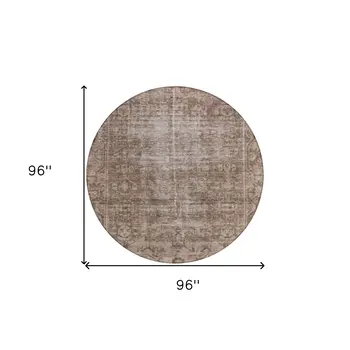 8' Brown Round Oriental Washable Indoor Outdoor Area Rug