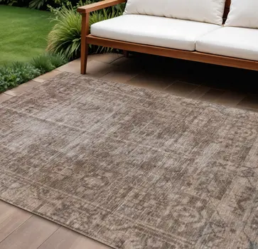 9' X 12' Brown Oriental Washable Indoor Outdoor Area Rug