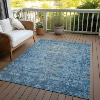 5' X 8' Blue Oriental Washable Indoor Outdoor Area Rug