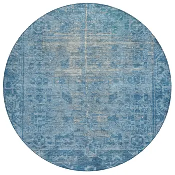 8' Blue Round Oriental Washable Indoor Outdoor Area Rug