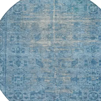 8' Blue Round Oriental Washable Indoor Outdoor Area Rug