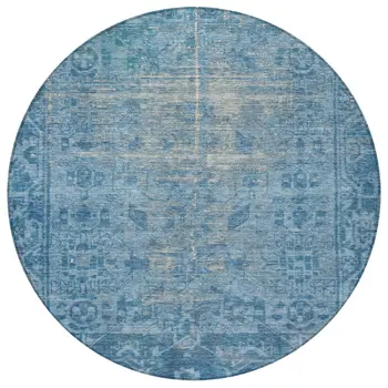8' Blue Round Oriental Washable Indoor Outdoor Area Rug