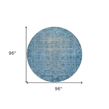 8' Blue Round Oriental Washable Indoor Outdoor Area Rug