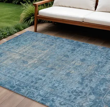 9' X 12' Blue Oriental Washable Indoor Outdoor Area Rug
