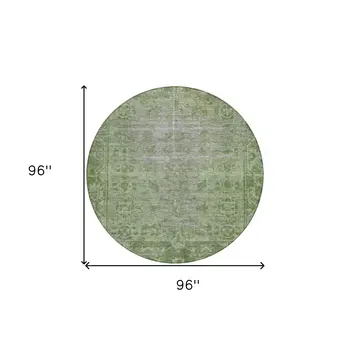 8' Fern Green Round Oriental Washable Indoor Outdoor Area Rug
