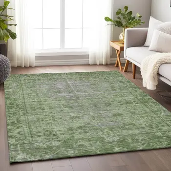 9' X 12' Fern Green Oriental Washable Indoor Outdoor Area Rug