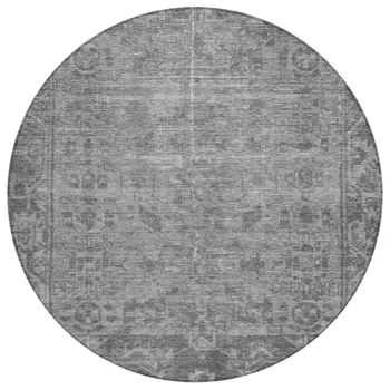 8' Gray Round Oriental Washable Indoor Outdoor Area Rug