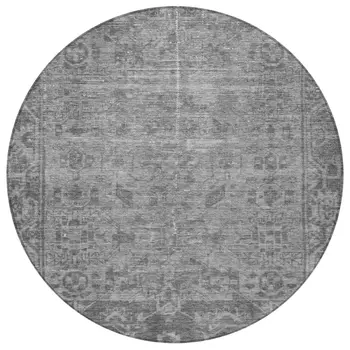 8' Gray Round Oriental Washable Indoor Outdoor Area Rug