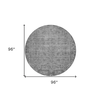 8' Gray Round Oriental Washable Indoor Outdoor Area Rug