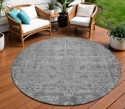 8' Gray Round Oriental Washable Indoor Outdoor Area Rug