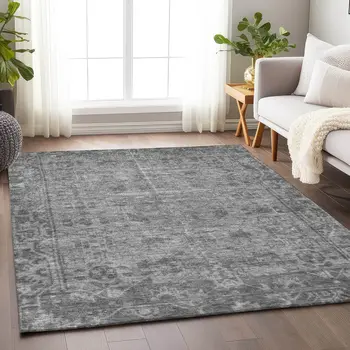 10' X 14' Gray Oriental Washable Indoor Outdoor Area Rug