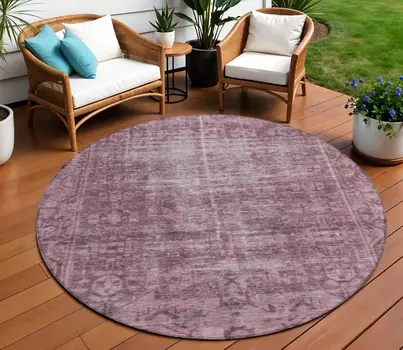 8' Merlot Round Oriental Washable Indoor Outdoor Area Rug