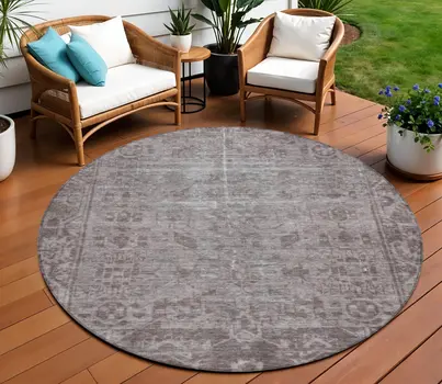8' Brown Round Oriental Washable Indoor Outdoor Area Rug