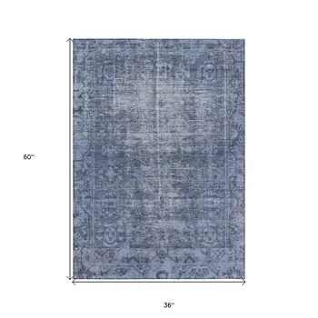 3' X 5' Navy Blue Oriental Washable Indoor Outdoor Area Rug