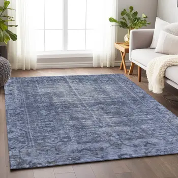 3' X 5' Navy Blue Oriental Washable Indoor Outdoor Area Rug