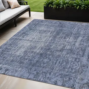 5' X 8' Navy Blue Oriental Washable Indoor Outdoor Area Rug