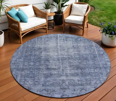 8' Navy Blue Round Oriental Washable Indoor Outdoor Area Rug