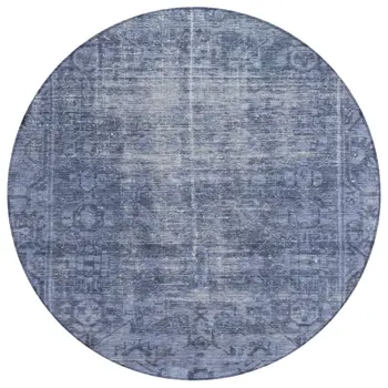 8' Navy Blue Round Oriental Washable Indoor Outdoor Area Rug