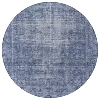 8' Navy Blue Round Oriental Washable Indoor Outdoor Area Rug
