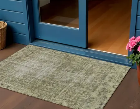 3' X 5' Olive Green Oriental Washable Indoor Outdoor Area Rug