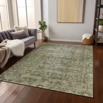 3' X 5' Olive Green Oriental Washable Indoor Outdoor Area Rug