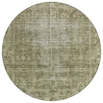 8' Olive Green Round Oriental Washable Indoor Outdoor Area Rug