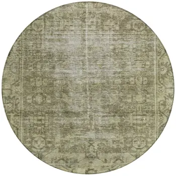 8' Olive Green Round Oriental Washable Indoor Outdoor Area Rug