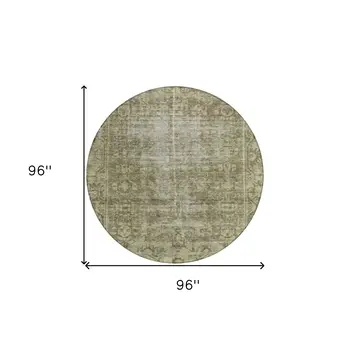 8' Olive Green Round Oriental Washable Indoor Outdoor Area Rug