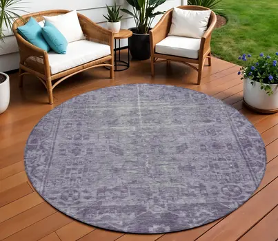 8' Purple Round Oriental Washable Indoor Outdoor Area Rug