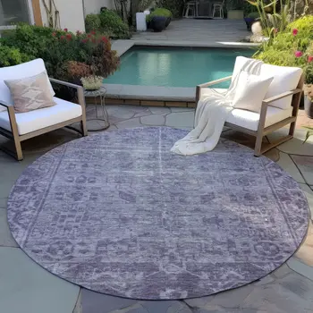 8' Purple Round Oriental Washable Indoor Outdoor Area Rug