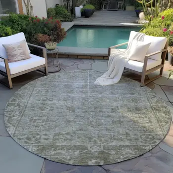 8' Taupe Round Oriental Washable Indoor Outdoor Area Rug
