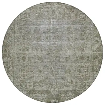 8' Taupe Round Oriental Washable Indoor Outdoor Area Rug