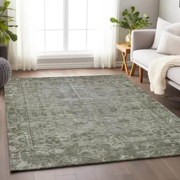 9' X 12' Taupe Oriental Washable Indoor Outdoor Area Rug