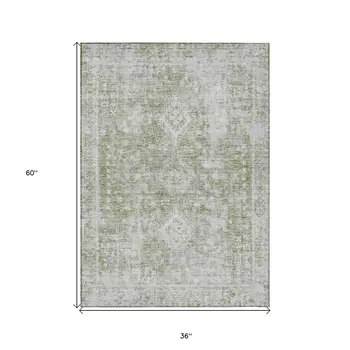 3' X 5' Artichoke Green Oriental Washable Indoor Outdoor Area Rug