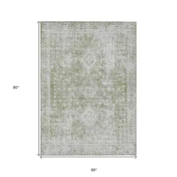 5' X 8' Artichoke Green Oriental Washable Indoor Outdoor Area Rug