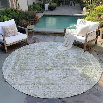 8' Artichoke Green Round Oriental Washable Indoor Outdoor Area Rug
