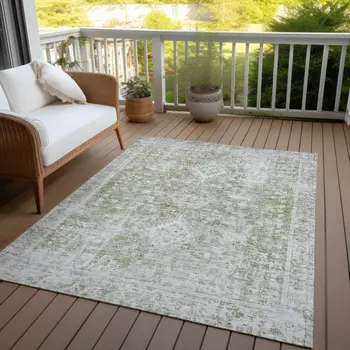 8' X 10' Artichoke Green Oriental Washable Indoor Outdoor Area Rug