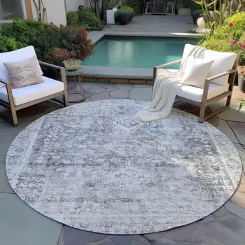 8' Charcoal Round Oriental Washable Indoor Outdoor Area Rug