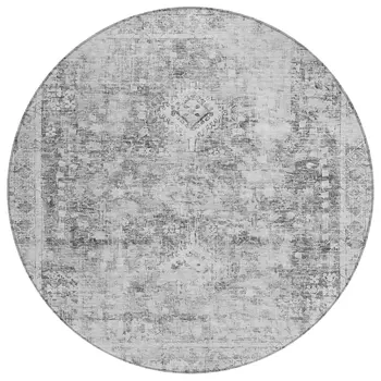 8' Charcoal Round Oriental Washable Indoor Outdoor Area Rug