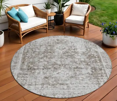 8' Chocolate Round Oriental Washable Indoor Outdoor Area Rug
