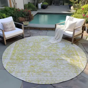 8' Gold Round Oriental Washable Indoor Outdoor Area Rug